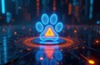 © Vadym - Glowing blue neon paw print icon floats above circular tech platform. Digital interface shows yellow triangle hazard symbol inside animal track. Futuristic data hologram shines on dark surface with