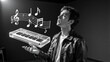 © joeycheung - Young man holds glowing keyboard, music notes float above in monochrome scene.