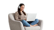 © NRdS - Woman with laptop and headphones. Freelancer sitting in chair using computer.