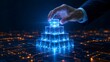 © D' Architect - Hand places glowing blue cube on a digital pyramid, representing data organization, strategic technology building, and interconnected futuristic solutions.