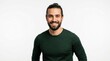 © Creative experience  - Happy young man with a beard and hair bun wearing a green sweater smiling at the camera on a plain white background