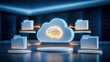© Tiravad - Cloud based artificial intelligence knowledge management system with glowing brain icon and connected folder files, futuristic data storage