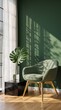 © IshmamHossain - Modern green velvet armchair with wooden legs next to marble plinth and monstera plant in sunlit minimalist interior