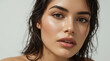© siraphol - Wet hair close up portrait of woman with dewy skin and neutral makeup, lucid realism minimalist