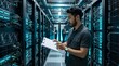 © Charlotte - IT technician inspecting server racks in a modern data center facility