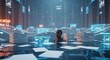 © Lorraine - Dark skinned figure submerged in infinite stacks of white paperwork and glowing digital interfaces within a vast, surreal office setting, vast, perspective, layers