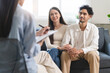 © Pormezz - Spouses relationship consultant concept, Married couple listen to psychologist  during therapy talk session for married couple that mental health breakdown and relationship problems.