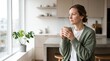 © Николай Срибяник - Woman in green cardigan holding steaming coffee cup looking out window