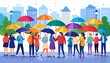 © Likani - Diverse group of people holding colorful umbrellas in city.
