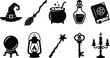 © Arifa - Halloween magic and witchcraft black silhouette icon set featuring spellbook, cauldron, and spooky skull details