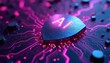 © Raisa - AI shield symbol on circuit board. Digital protection, network security, computer system defense. Tech innovation, data safety, cyberspace privacy. Future cyber war concept.