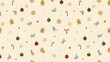 © PixelWright - Festive christmas seamless pattern with gingerbread men, candy canes, colorful baubles, snowflakes, and stars on a soft cream background