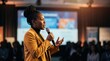 © 형근 최 - Generative AI, Black businesswoman speaking with a microphone at a professional conference event