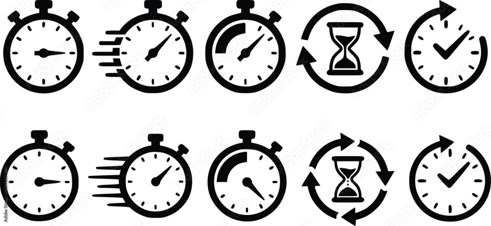 Minimalist stopwatch icon set, black timer and clock symbols for speed ...