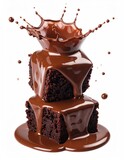 Rich chocolate sauce splashing over stacked, dark, moist dessert squares