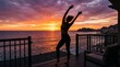 © Jhon - Woman stretching on a balcony at sunset overlooking the ocean, celebrating summer joy, wellness, and freedom during a tropical vacation.