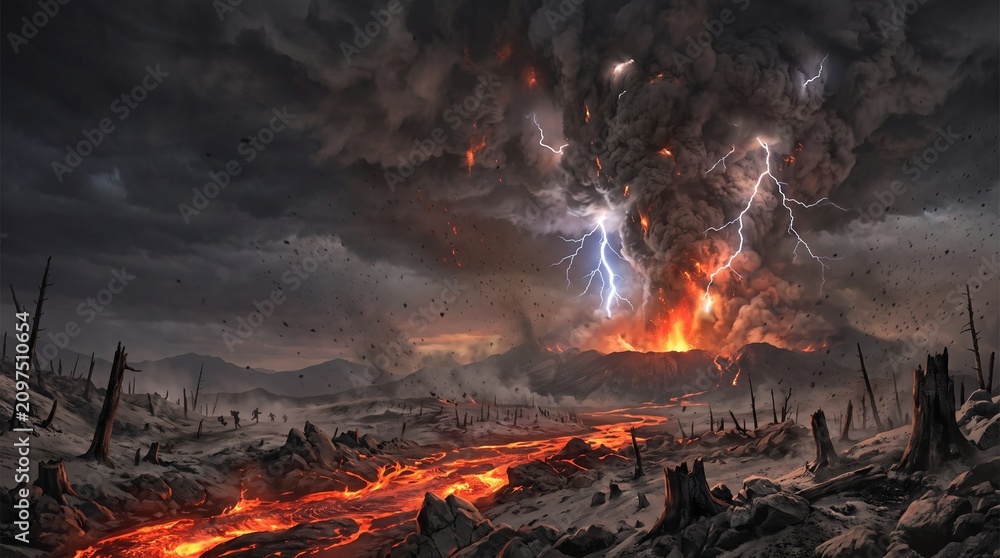 Volcanic eruption spewing lava and ash under a lightning-filled storm ...