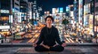 © Jhon - Young person meditating in lotus pose overlooking busy neon Tokyo street at night, urban wellness, mindfulness, mental health, stress relief and inner peace amidst chaos.