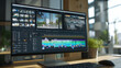 © KotBaton - Professional video editing software displayed on a widescreen monitor with timeline, color correction tools and media assets. Modern post production, content creation and creative workflow.