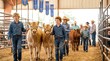 © Pixim Stock - Two young boys proudly walk their calves during livestock show event in a barn with spectators watching nearby, blue ribbons displayed overhead.