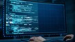 © Asteroid-Art - Computer programmer working with complex code on dual monitors in dark room.