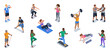 © Stocklume - Fitness center people working out, training on gym equipment, and exercising | Isometric active lifestyle vector character set