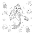 © Kamrul - Beautiful Mermaid Swimming Under the Sea Cartoon Coloring Page with Fish Outline Illustration