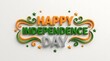 © Sharminakter - Happy independence day text featuring glossy orange green and silver three dimensional letters with decorative swirls and floating star shapes