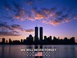 © FATHER'S STUDIO - 9/11 memorial tribute at sunset with skyline. Patriotic American flag reflection on water honors victims and heroes