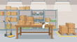 ©  CozyVisionary - Vector illustration of a warehouse interior with shelves, cardboard boxes, a packing table, and a hand truck. Ideal for logistics and shipping themes.