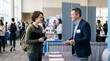 © Felippe Lopes - Young woman with backpack and folder talks to recruiter at career fair event