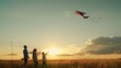 © Victoriia - Happy family with child playing with kite in meadow. Dad children play on grass, child dreams flying. Family picnic, father, son daughter playing with kite outdoors. People travel together, nature sky