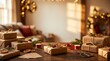 © Rendara Studio - Warm cozy living room table with kraft wrapped Christmas gifts and glowing bokeh lights