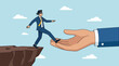 © Ijaz - Blindfolded businessman stepping onto a giant helping hand as a vector graphic design business concept illustration