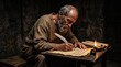 © Olga Ко - Divine ink in the shadows: The elderly Apostle Paul intensely drafting his sacred New Testament epistles by the dim light of an oil lamp in a cold Roman prison cell.