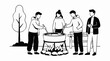 © Stocklab - Friends gathered around a campfire cooking food in a pot, outdoor activity