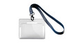 © Ruslan - Clear plastic badge holder with dark blue lanyard and metal clip, isolated on transparent background