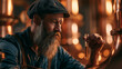 © zeeshan javed - Distiller with a long beard carefully examines a glass vial of amber liquid in a copper factory.