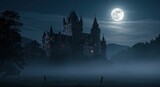 Mysterious castle silhouette under a full moon at night landscape
