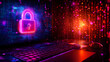 © Hanna - Cyber security digital network layout with glowing lock sign on laptop keyboard background
