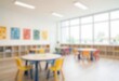 © Romi - Blurred kindergarten classroom with colorful furniture, perfect for education and childhood backgrounds.