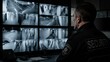 © olga_demina - A security officer sits in a dark room facing a large wall of monitors displaying multiple camera feeds from a parking garage and building corridors