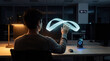 © Rendara Studio - Office employee controlling holographic interface during late night shift