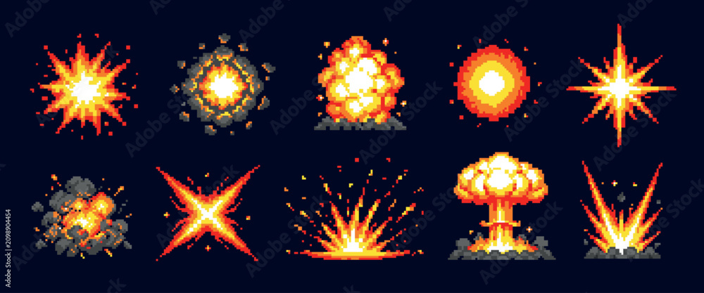Pixel explosion. Boom blast effect arcade game 8 bit art, retro fire ...