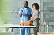 © Mediaphotos - Medium shot of Black male veterinarian reviewing clipboard with Caucasian woman while examining pet dog on table, supporting veterinary care marketing and clinic communication