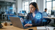 © Ummu MMM - Woman using laptop in office with artificial intelligence processor chip hologram.