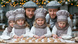 © saichon - Family baking cookies together in cozy kitchen with festive lights, joyful children wearing matching aprons and chef hats smiling happily