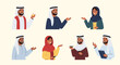 © Tithi - Diverse group of Arab men and women wearing traditional clothing and performing various gestures while holding symbolic objects.