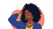 © Tithi - Portrait of a beautiful black woman with voluminous curly hair smiling warmly while wearing a blue outfit and gold jewelry.