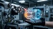 © Abdurrahman Bin Auf - Human-robot collaboration visualizes a detailed glowing jet engine schematic, showcasing advanced industrial technology and future manufacturing.